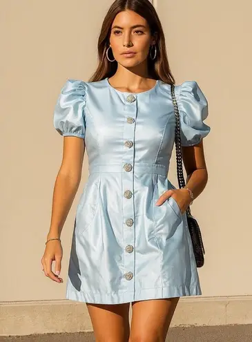 We Wore What Light blue puff sleeve dress with rhinestone buttons