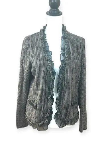 Dana Buchman Gray Knitted Open Front Cardigan Sweater M Ruffled Fringed
