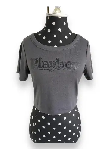 Playboy  by PacSun Womens Tee Sz XS Gray Classic Ribbed Shirt Cropped Top