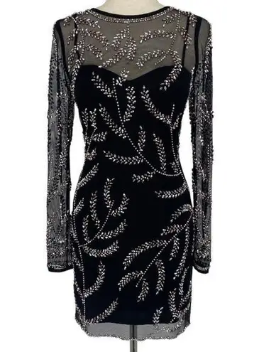 AQUA Floral Sequin Mesh Overlay Long Sleeve Mini Dress Size 2 Black