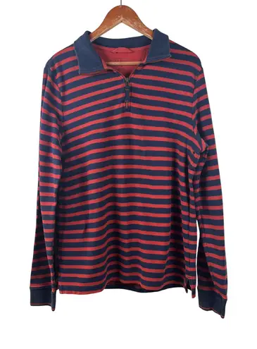 LL Bean Women's M Long Sleeve Striped Quarter Zip Pullover Shirt Navy Red Cotton Blue Size M