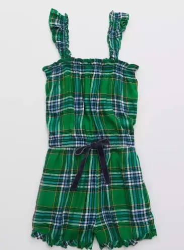 Aerie NWOT  Flannel Pliad Romper Tie Detailing Green Blue Super Soft Small