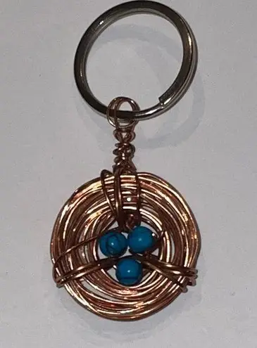 Copper Wire Birds Nest Keychain with Blue Beads Brown