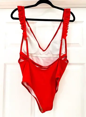 One Piece Swimsuit V neck Backless Solid Ruffle Strap Red sz Large