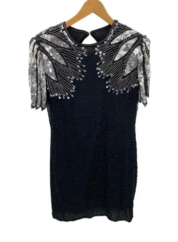Scala Vintage Festive Dress Whimsigoth Fairy XL Black Silver Silk Sequined Beads