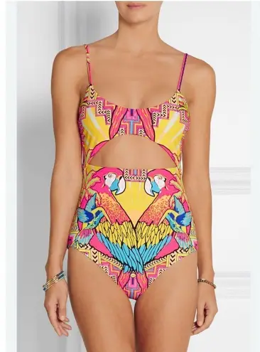 Mara Hoffman Parrot Tropical One Piece Swimsuit Size Large Cutout Pink Yellow