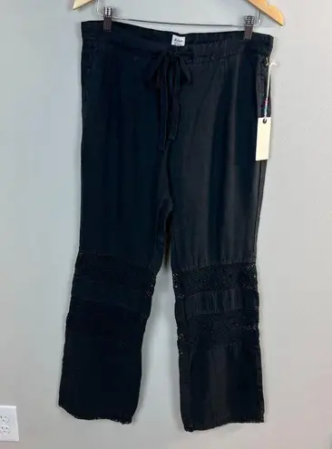 Dylan Linen Pants 8 Black Crochet Straight Leg Pockets Drawstring Womens New NWT
