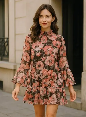 MISA Los Angeles Blythe Dress Floral Pink Black Chiffon