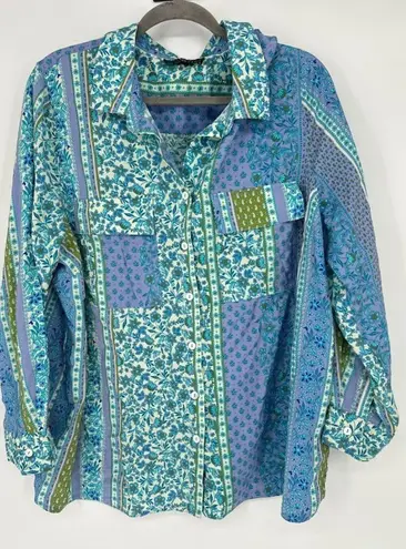 Fred David Womens Button Up Patchwork Top Size 2X Cottage Bohemian Floral Artsy