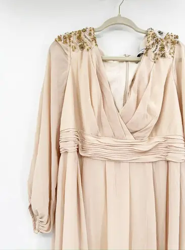 Mac Duggal Porcelain Beaded Long Sleeve V-Neck Formal Gown Dress Size 16