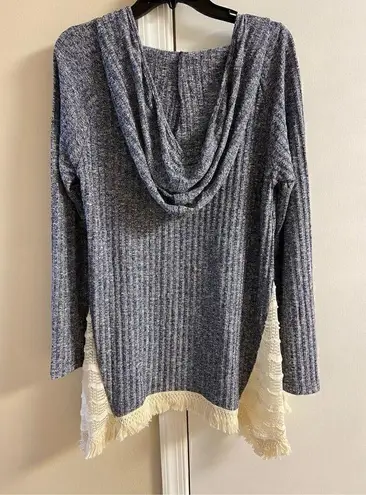 ee:some Ee women's Heather Blue Fringed Hooded Tunic, L NWT