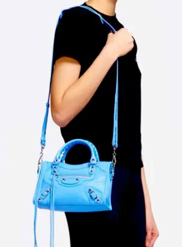 Balenciaga Metallic Edge Classic Mini City Crossbody Bag Blue Brand New