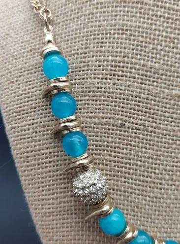 NWT Sequin Gold Tone & Blue Bead Collar Necklace Asymmetrical Paved Pendant 18"