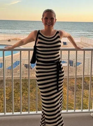 JASON WU Black White Striped Knit Boat Neck Vacay Maxi Dress Size Medium