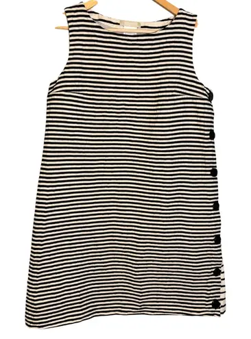 S Max Mara Striped Sleeveless Shift Dress Navy White Button Side Size 10 Blue