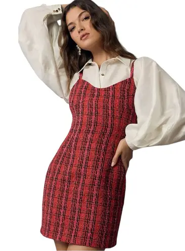 Endless Rose NWT Anthro Red / Pink Boucle Wool Blend Tweed Bustier Mini Dress S