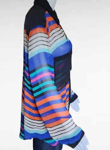 Bisou Bisou Blue Orange Striped Sheer Tunic Button Down Size XL