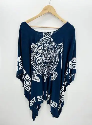 Navy Blue White Turtle Swim Cover Up Bathing Suit Rayon Boho Vacation Beach OS Size undefined