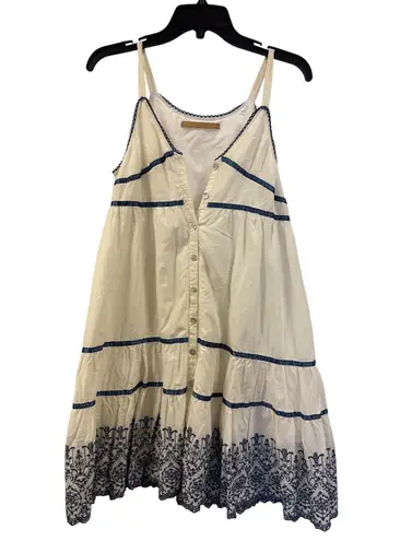 Sleeveless Dress Tiered Embroidery Blue Trim Casual Summer Sundress Size M