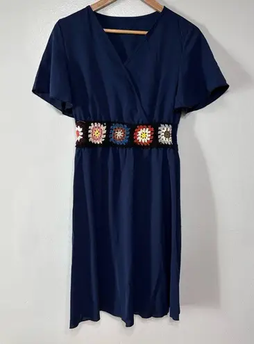 Navy Blue Boho Cottagecore Crochet Granny Square Knee Length Dress Size S