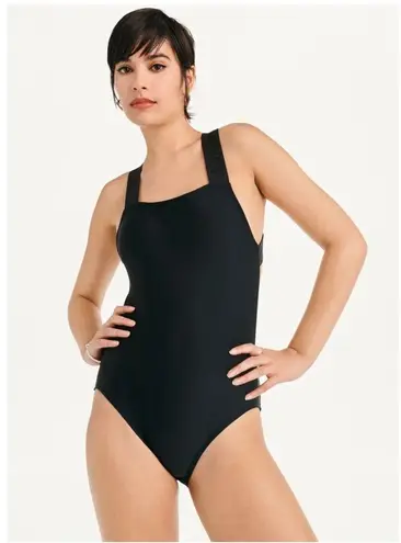 Donna Karan DKNY Logo Cross-Back One-Piece Swimsuit in Black, Size L NEW w/Tag $108
