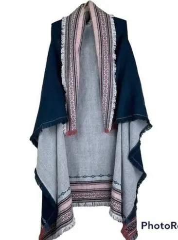 Marc New York Blue Long Line Aztec Blanket Open Front Sweater Fringe Shaw