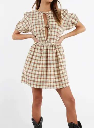 Motel Plaid Puff Sleeve Tie-Front Dress Size S Brown & Green Check Cottagecore