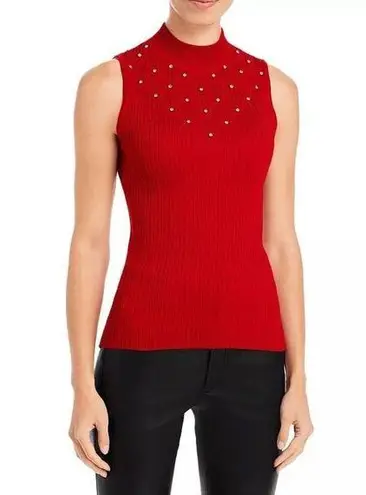 T Tahari  Women's Large Red Rhinestone Mock Neck Sleeveless Ribbed Sweater Pullov