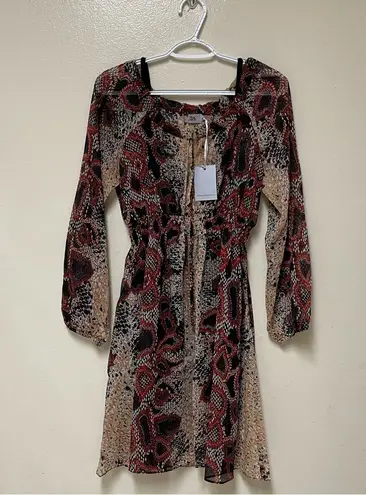 Three Eighty Two Sheer Flowy Snake Skin Print Dress with long sleeves Brown Size M