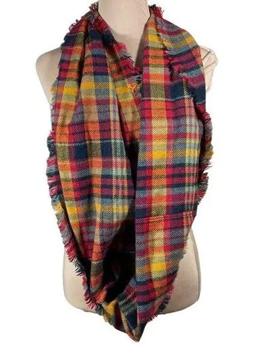 Unbranded Women's Flannel Infinity Scarf Red Yellow Black Plaid Fringe