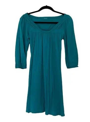 LA Made  Teal Green Blue Cotton V-Neck 3/4 Sleeve Pleated Peasant Tunic Size Small