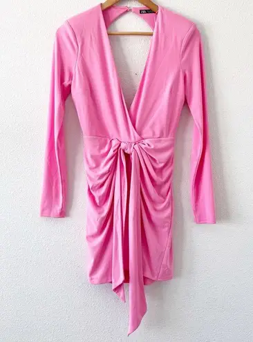 ZARA  Pink Draped V-Neck Knotted Mini Dress