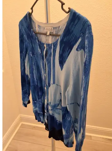 Joseph A Blue White Watercolor Abstract Print Button-Up Size M Cardigan Sweater