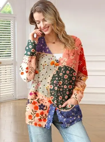 Yesno Button Down Oversized Cotton/Wool Blend Boho Patchwork Print Cardigan