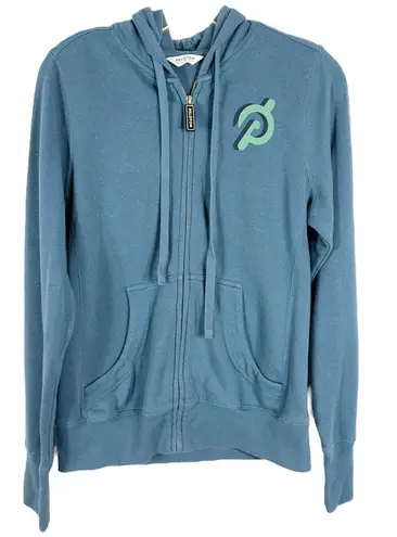 Peloton Small Jacket Full Zip Blue Logo Pockets Hooded Ribbed Sides Knit 1326