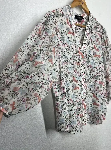 Saloni Silk Chiffon Floral Blouse Size 2 Sheer Puff Sleeve Top - Image 3