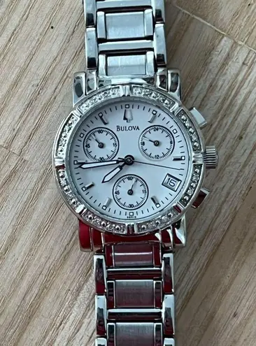 Bulova Diamonds Chronograph Ladies Watch White Dial Stainless Bracelet Date