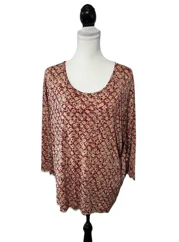cj banks Slinky Blouse Plus Sz 2X 100% Silk Tunic Top Maroon & Tan 3/4 Sleeves