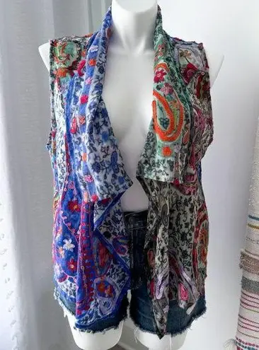 ANU Floral Embroidered 100% Wool Lightweight Boho Vest Cardigan Women’s Large Blue