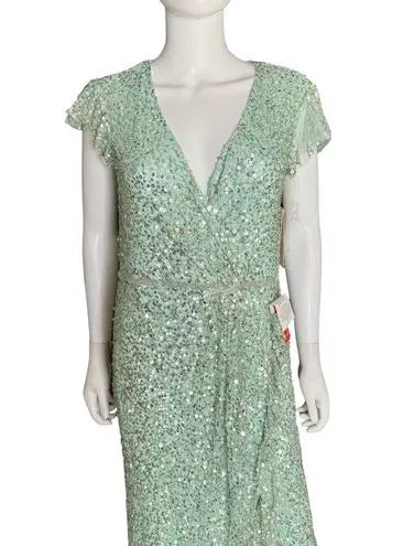Mac Duggal Sequined Faux Wrap Ruffle Cap Sleeve Gown Seafoam 70113 Women’s Sz 14