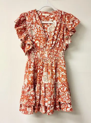 Ulla Johnson Kiri Floral Flutter Sleeve V-Neck Mini Dress Orange Women's Size 0
