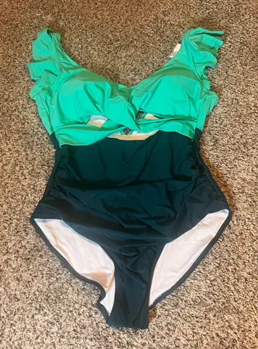 B2Prity Green Swimsuit XL One Piece Ruffle Sleeve Cut Out Bathing Suit