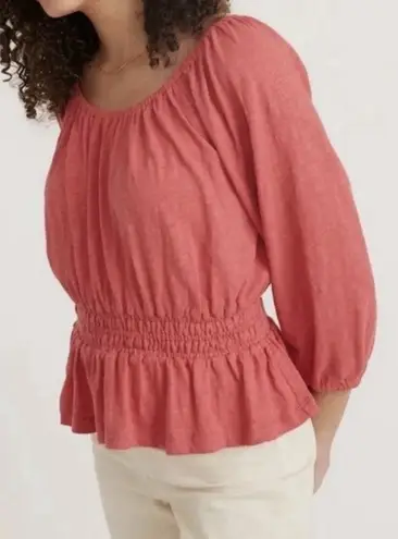 Marine layer Christiana Knit Long Sleeve Shirred Cotton Top Berry Peplum Peasant