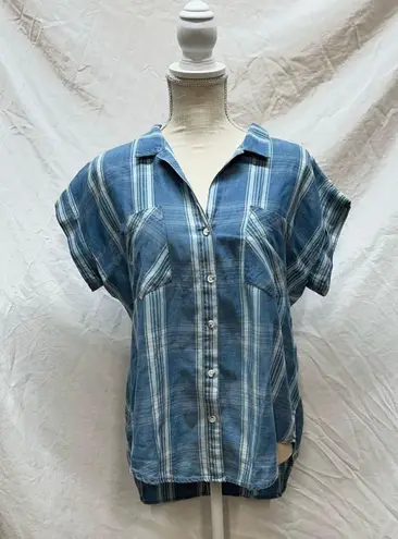 Thread and Supply  Plaid Chambray Short Sleeve Button Up Blouse Size S