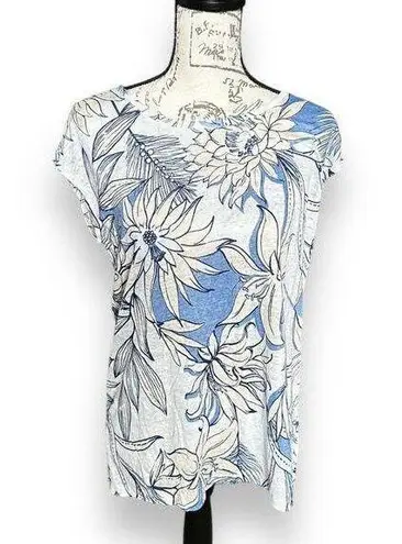 H by Halston New H Halston 100% Linen Knit Button Back Cap Sleeve Top Blue Floral Print Small