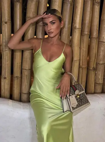 ZARA Dress Lime Green Satin Effect Maxi Midi Wedding Party Date Coctail