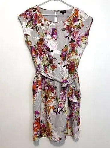 The Limited Lilac Lavender Purple Gray ish Floral Satin Cap Sleeve Belted Dress