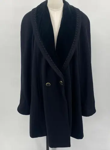 Vintage 80s Wool Peacoat Oversized Velvet Collar Double Breasted Button Black 12