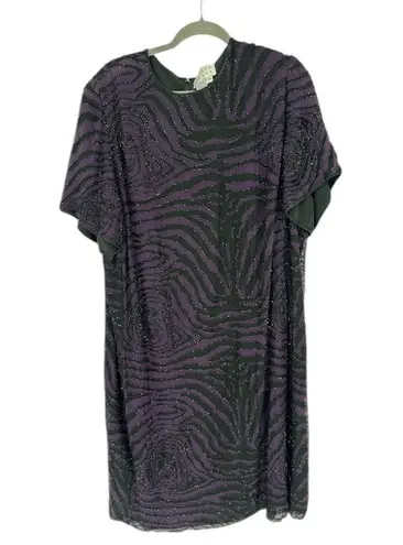 Vintage Bieff Basix Silk Beaded Dress Purple Tiger Stripe Size 2X Formal Wedding