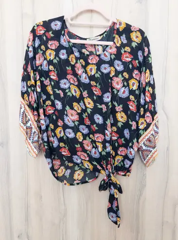 Democracy Womens Floral Top Size S Black Boho Tie Front Romantic Folk Festival